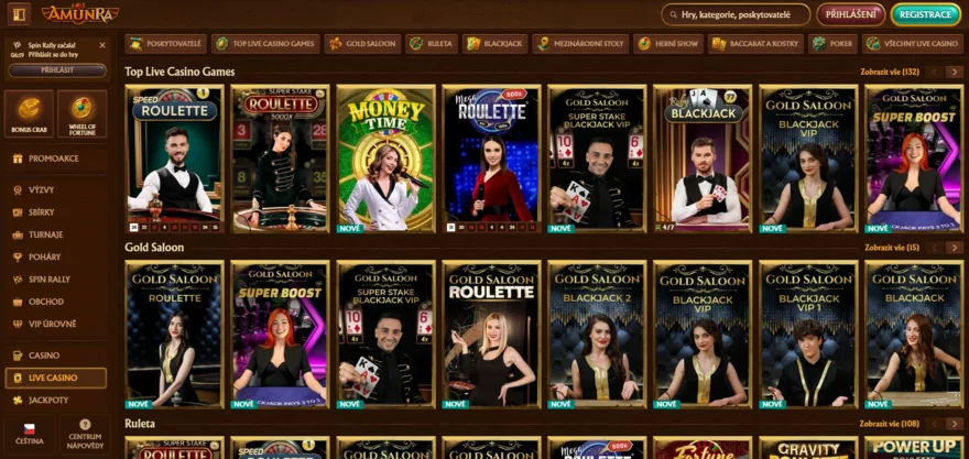 Náhled do lobby live casina AmunRa s přehledem kategorií a populárních her