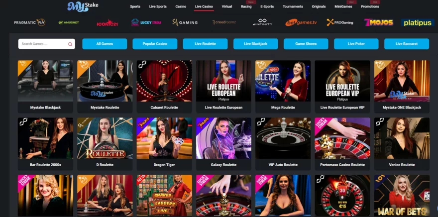 Lobby live casina je přehledné a umožňuje filtrování podle typu hry i poskytovatele.