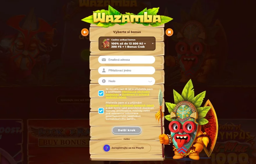 Wazamba registrační formulář