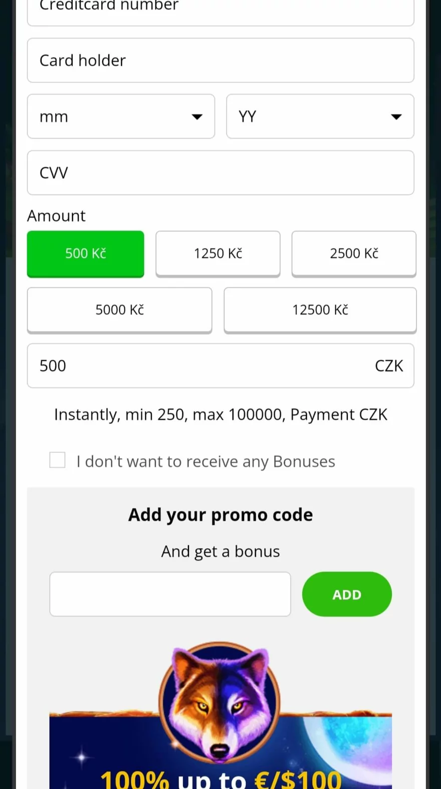 Formulář pro vklad a zadání bonusového kódu v Playamo Casinu